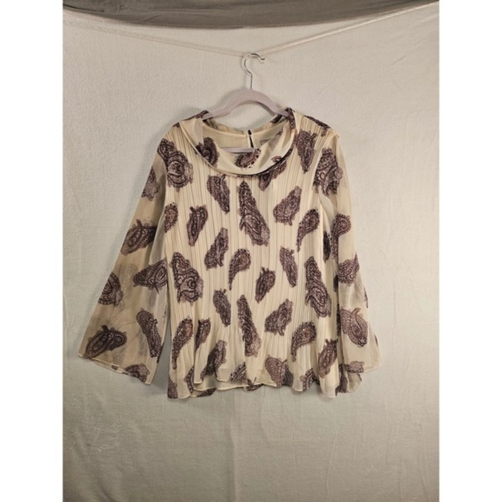 Chico's Paisley Pleated Cowl Neck Long Sleeve Top Blouse Ecru Sz 3 (16/18) #1581
